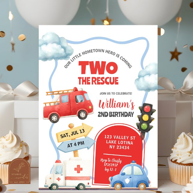 Emergency Vehicles TWO the rescue 2nd Birthday Invitation (Creator Uploaded)