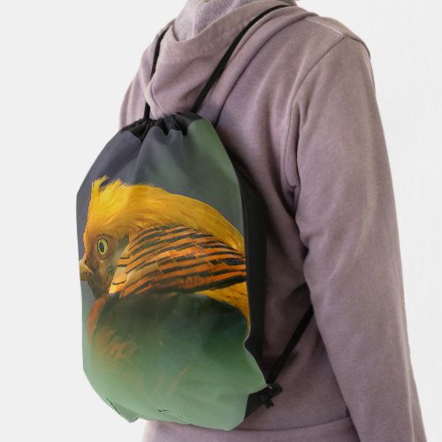 Emerging from the Green Golden Pheasant Drawstring Bag