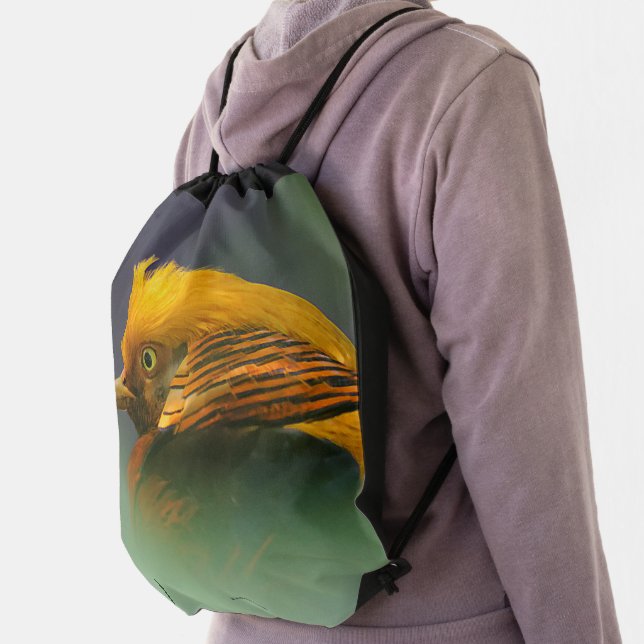Emerging from the Green: Golden Pheasant Drawstring Bag (Insitu)