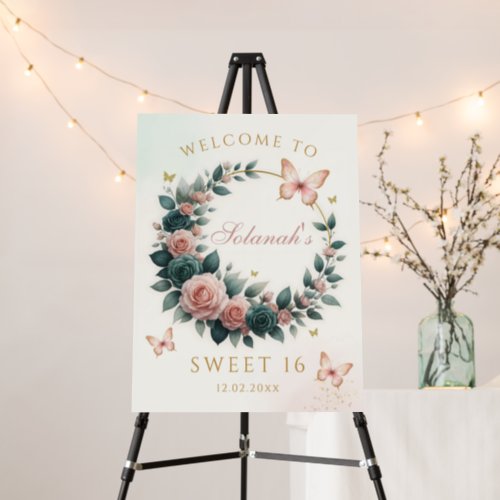 emerlad green  blush pink floral welcome foam board