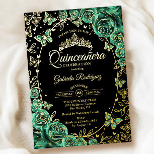 Emerlad Green Gold Black Roses Quinceanera Foil Invitation