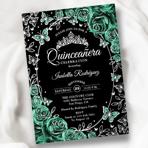 Emerlad Green Silver Black Roses Quinceanera Foil Invitation