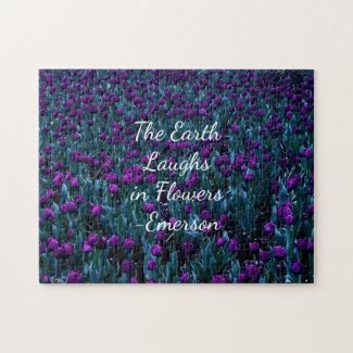 Emerson quote in purple tulip flower garden