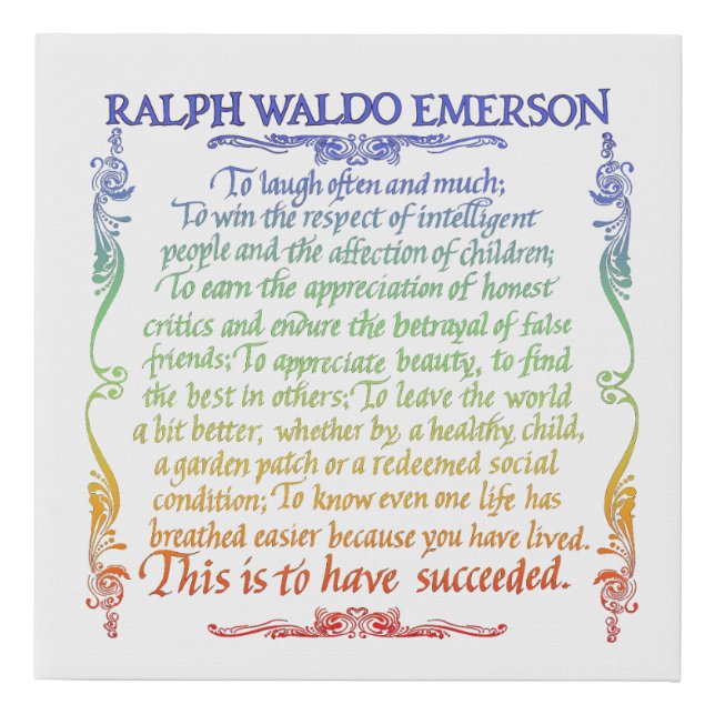 Emerson quote-Success, rainbow Faux Canvas Print (Front)