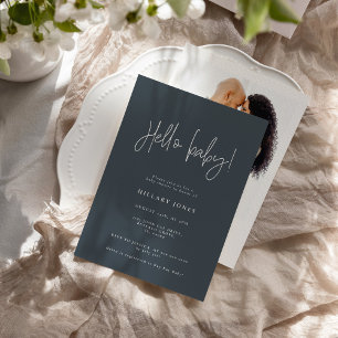 EMERY Elegant Baby Shower Hello Slate Blue Invitation