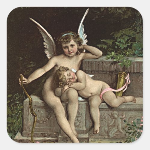 mile Munier Two Cupid Figures Sitting on a Bench Square Sticker