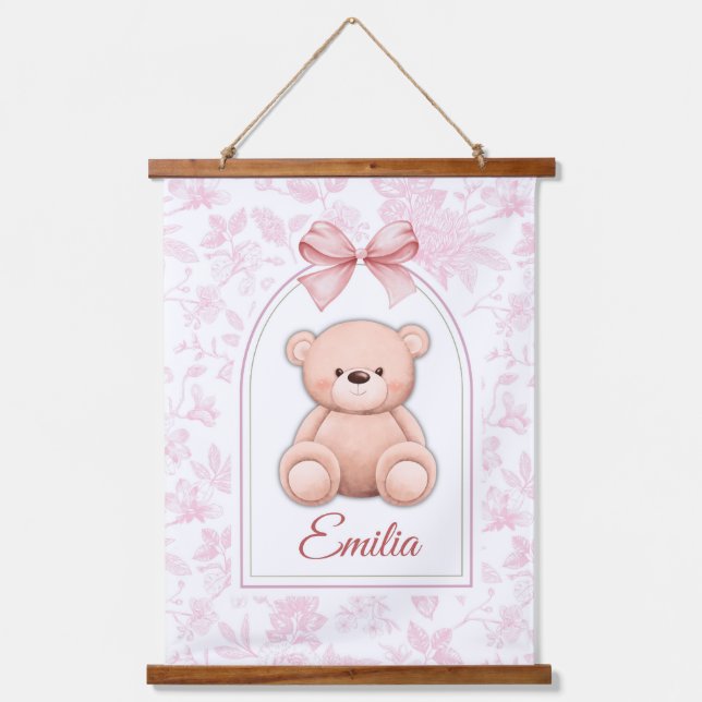 Emilia | Custom Pink Teddy Bear Nursery Design  Hanging Tapestry (Front)