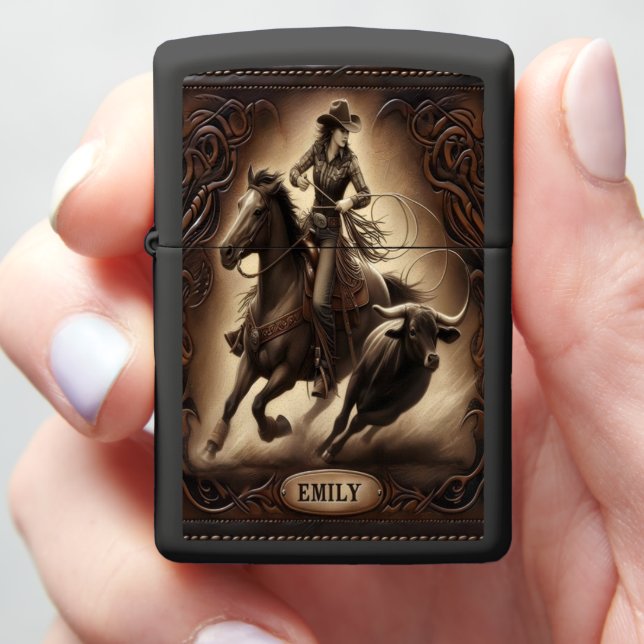 Emily Cowgirl Riding Horse Past Bull Zippo Lighter (In Hand)