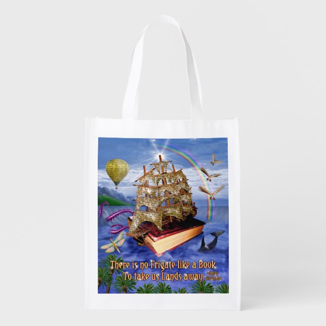 Emily Dickinson Poem Frigate Book Ship Scene Grocery Bag (Front)