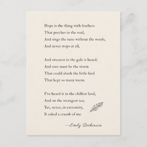 Emily Dickinson Poem hope is thing with feathers Postcard