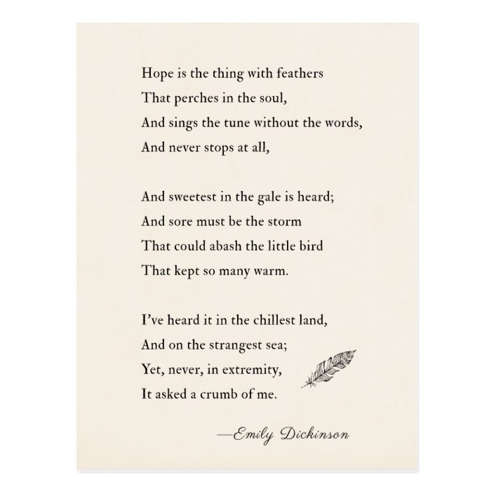 Emily Dickinson Poem hope is thing with feathers Postcard | Zazzle.com