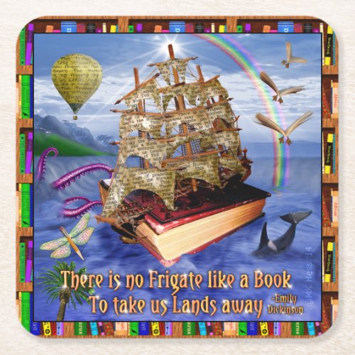Emily Dickinson Poem Quote Book Ship Ocean Square Paper Coaster
