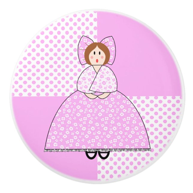 Emily Doll With Pink Polka Dot Background Ceramic Knob (Front)