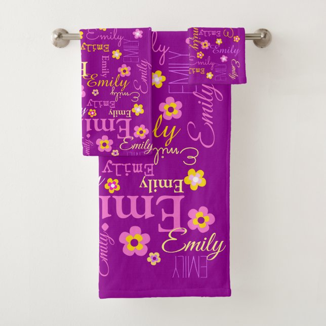 Emily flowers name purple text towels (Insitu)