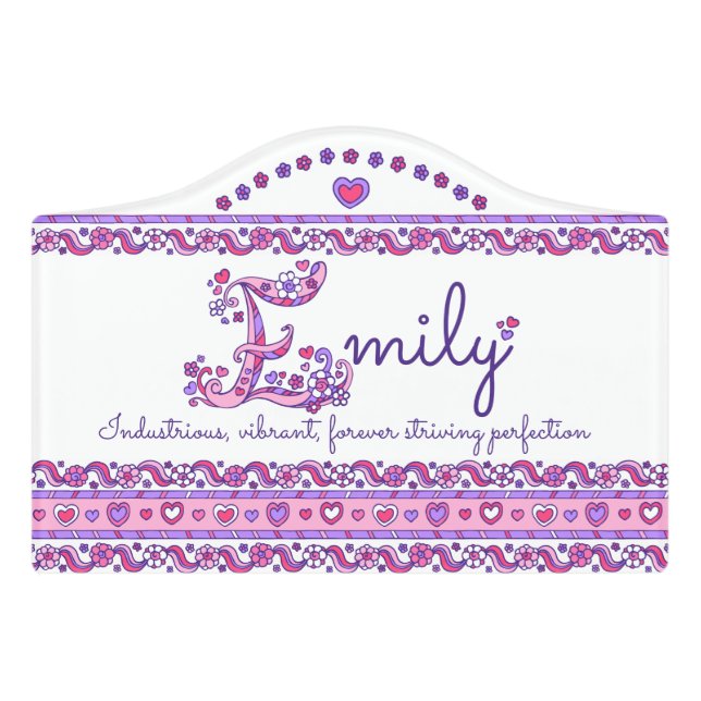 Emily girls heart doodle name meaning door sign (Small Crest Front)