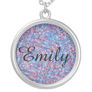 Emily in calligraphy with abstract art background silver plated necklace