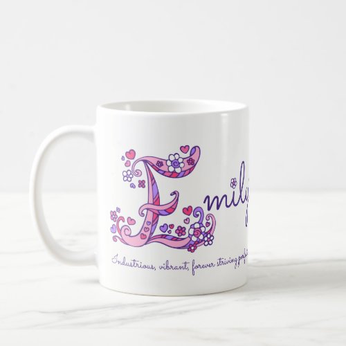 Emily name meaning heart flower E monogram mug