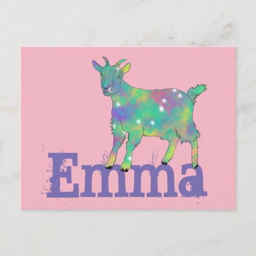 Emma Add Name Colourful Green Goat Cute Animal Art Postcard