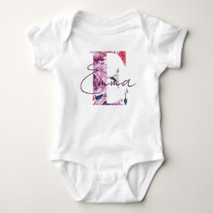Emma Baby Name Flower Script Vintage Floral E Girl Bodysuit