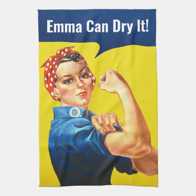 "EMMA Can DRY It" motivational Rosie the Riveter, Kitchen Towel (Vertical)