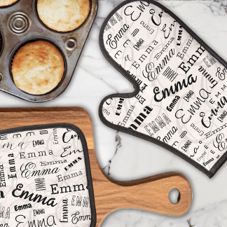 Emma Custom Name Black White Oven Mitt & Pot Holder Set