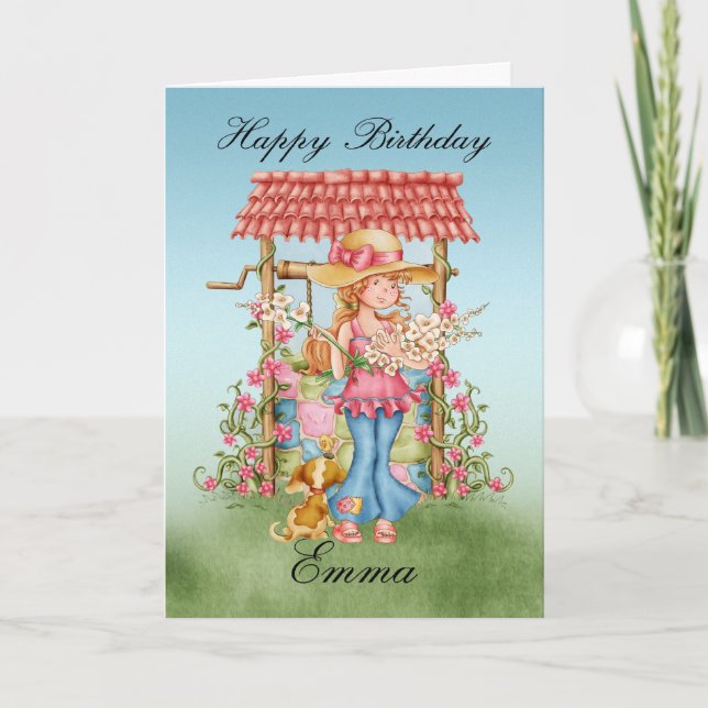 Emma, Cute Girl And Wishing Well Birthday Card - H (Front)