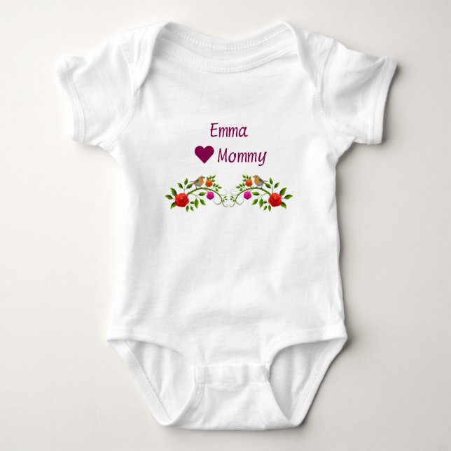 Emma Hearts Loves Mommy Twins Flowers Birds Baby Bodysuit (Front)