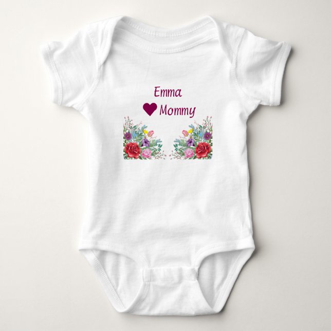 Emma Hearts Loves Mommy Twins Twin Sisters Flowers Baby Bodysuit (Front)