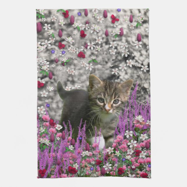 Emma in Flowers I – Little Gray Kitten Towel (Vertical)