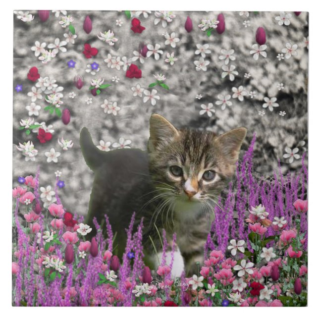 Emma in Flowers I – Little Gray Kitty Cat Ceramic Tile (Front)