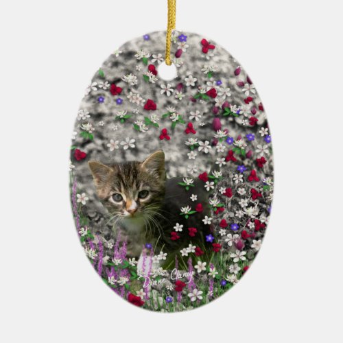 Emma in Flowers II, Little Gray Tabby Kitty Cat Ceramic Ornament