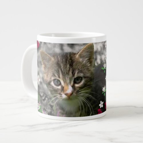 Emma in Flowers II, Little Gray Tabby Kitty Cat Large Coffee Mug