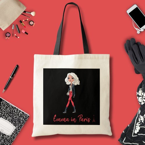 Emma in Paris Stylish White Hair Girl Red Pants Tote Bag