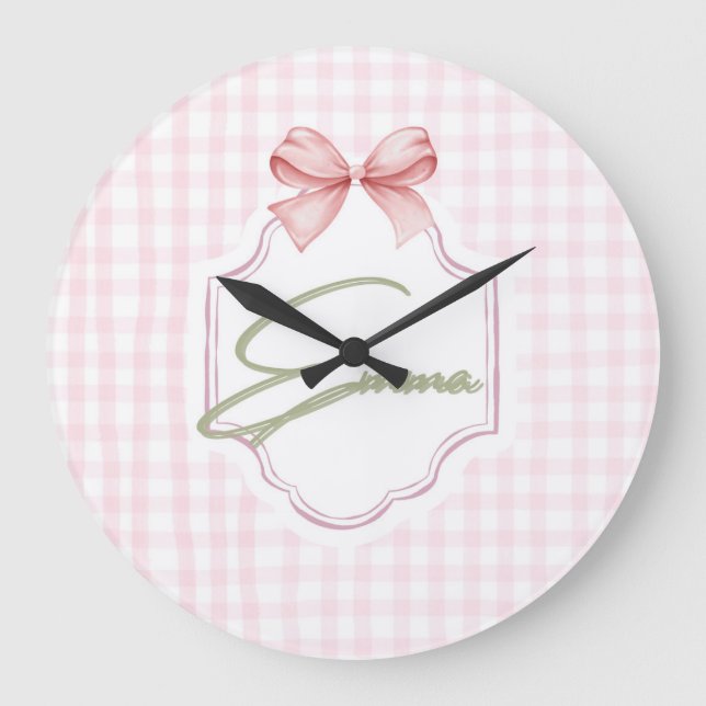 Emma Personalized Pink Bow & Gingham Print  Large Clock (Front)