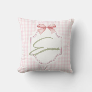 Emma Personalized Pink Bow & Gingham Print  Throw Pillow