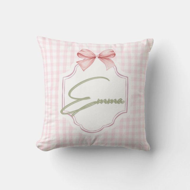Emma Personalized Pink Bow & Gingham Print  Throw Pillow (Front)