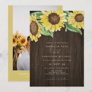 EMMA Rustic Dark Wood Watercolor Sunflower Wedding Invitation