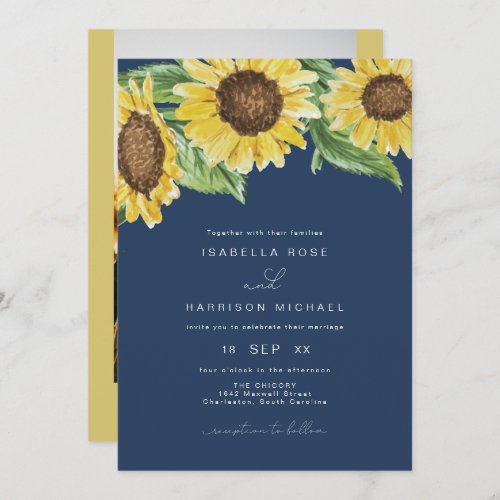 EMMA Rustic Navy Blue Watercolor Sunflower Wedding Invitation