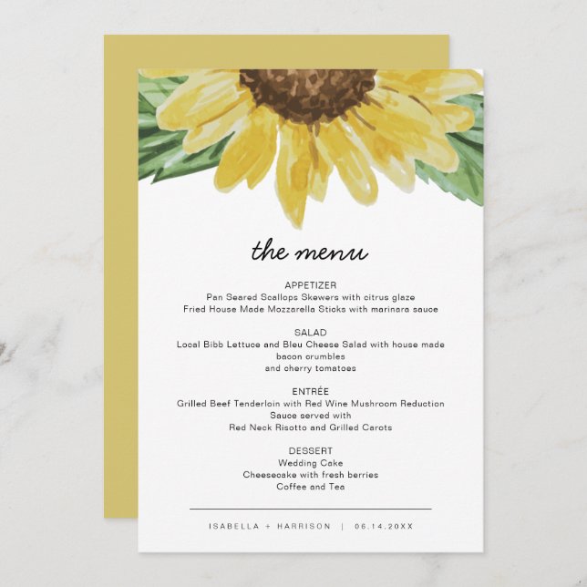 Emma - Rustic Sunflower Wedding Menu Cards (Front/Back)