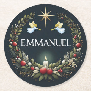 Emmanuel Christmas angels Round Paper Coaster