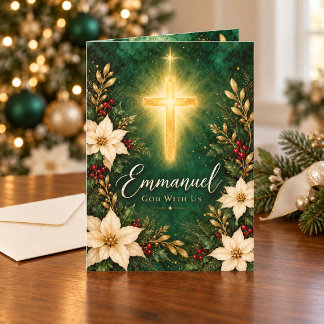 Emmanuel Christmas Cross Ivory Poinsettias Card