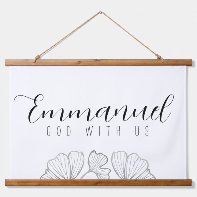  Emmanuel God With Us Botanical Leaves Wood Scroll Hanging Tapestry (Front)