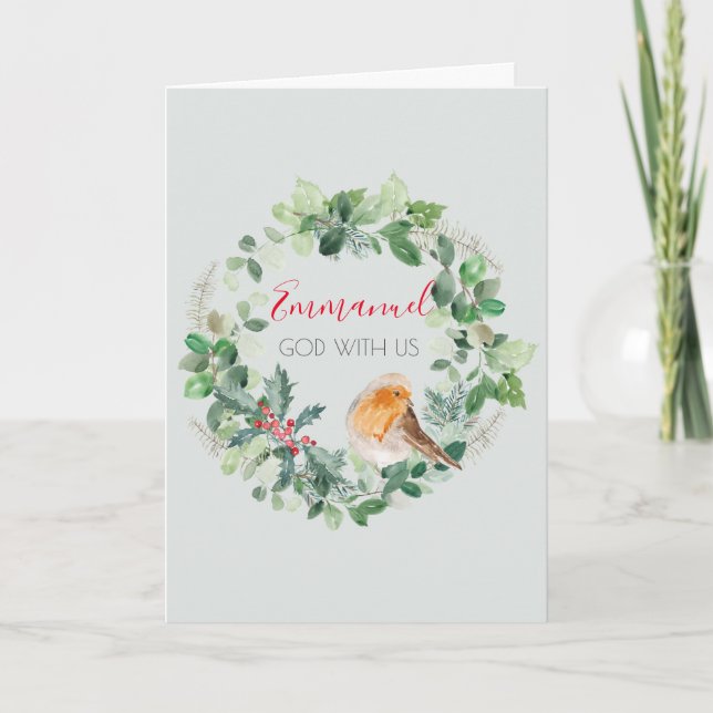 Emmanuel God with Us Watercolour Wreath Christmas  Holiday Card (Front)