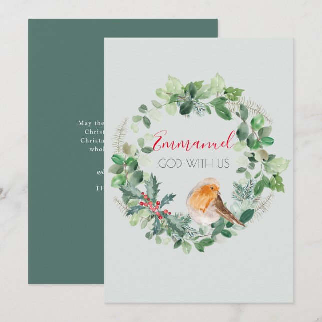 Emmanuel God with Us Watercolour Wreath Christmas  Holiday Card (Front/Back)