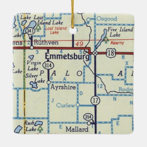 Emmetsburg IA Vintage Map Ceramic Ornament