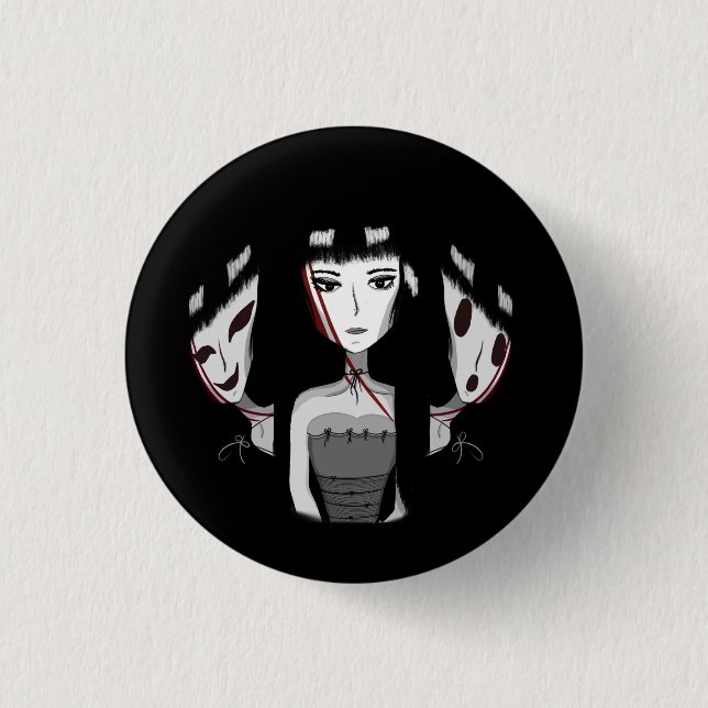 Emo Girl Hand-Drawn Black Button (Front)