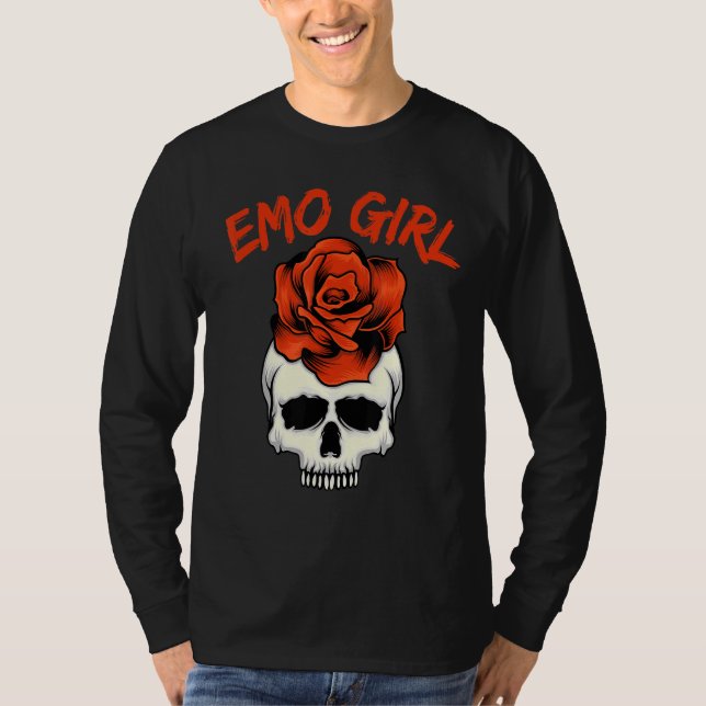 Emo Girl Pink Skull With Rose Emo Goth Emotional T T-Shirt (Front)