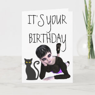 EMO GOTH GIRL WITH CAT BIRTHDAY CARDS