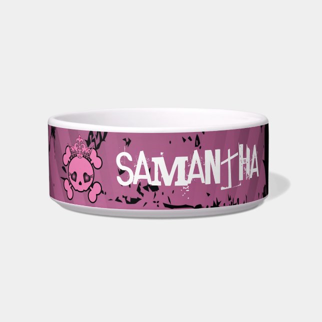 EMO Pink Skull Crossbones Girly Pet Food Bowl (Front)
