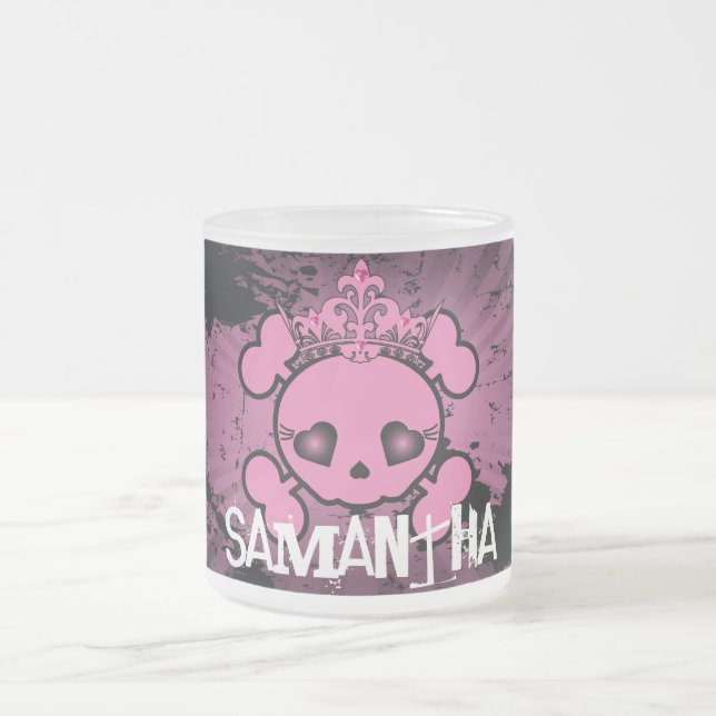 EMO Pink Skull Girly Frosted Glass Coffee Mug Cup (Center)